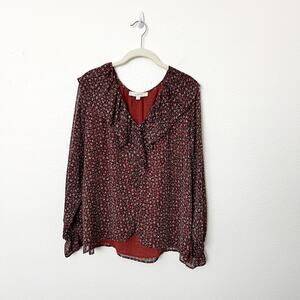 [LOFT] Red Black Floral Print Ruffle Neck Long Sleeve V-Neck Blouse Size Large L
